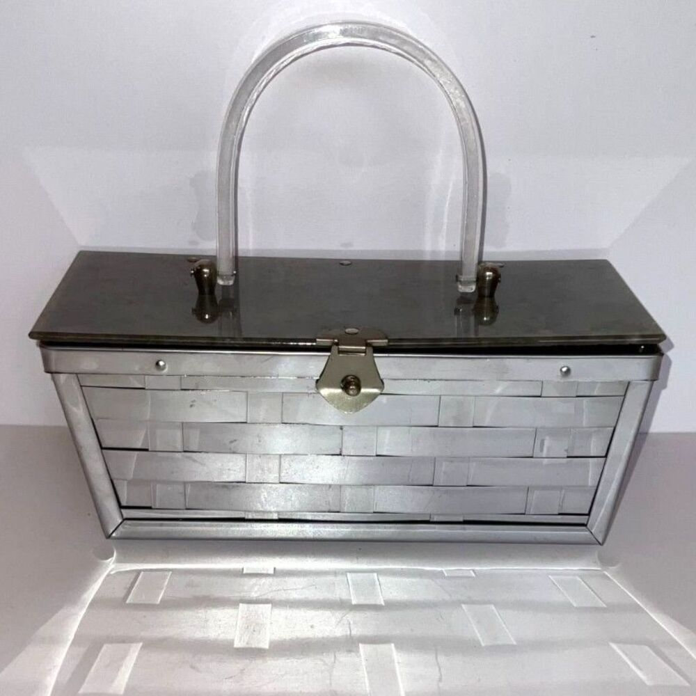 Dorset Rex Basket Weave Stainless Steel Box Purse w clear pearl Lucite Lid 1950s